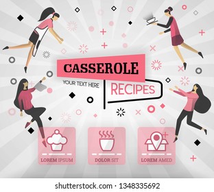 pink vector illustration concept. casserole recipes cover book.  healthy cooking recipe and deliciou food cover can be for, magazine, cover, banner, website, cookbook, book, mobile. flat cartoon style