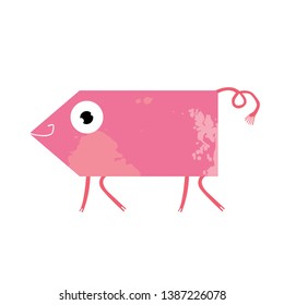 Pink vector illustration of happy piglet with texture body with curly tail