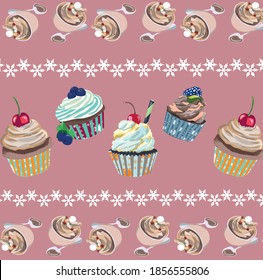 rosafarbene Vektorgrafik mit mehrfarbigen Muffins und Cappuccino
