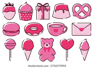 pink vector illustration set of sweets and gift icons for Valentine's Day, Wedding, Birthday, etc.