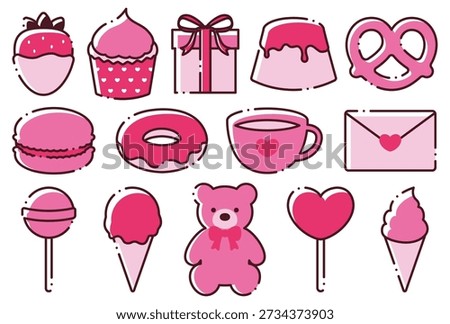 pink vector illustration set of sweets and gift icons for Valentine's Day, Wedding, Birthday, etc.