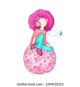 Pink Vector Illustration of Young redhead Girl with Headphones, sitting on pink cartoon moon and listening music. Teenage young musical girl in bright colors, rebel girl illustration. Young teen girl
