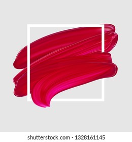 Pink vector lipstick smear. Female girly logo. Paint brush red stroke in frame, banner template. Makeup or nail salon design element svg