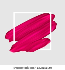 Pink Vector Lipstick Smear. Female Girly Logo. Paint Brush Stroke In Frame, Banner Template.