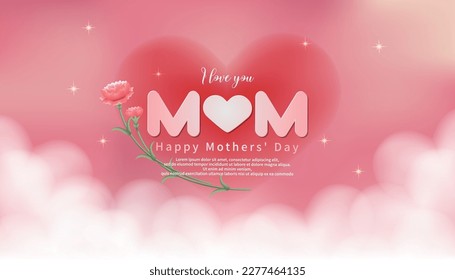 Pink vector i love you mom background with carnations on hearts