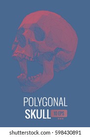 Pink vector low poly stylized stripe line skull illustration isolated on blue background