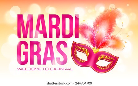 Pink vector Mardi Gras banner template with red carnival mask with feathers