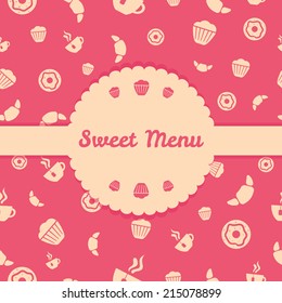 Pink vector menu cover design with sweets icons seamless vector pattern