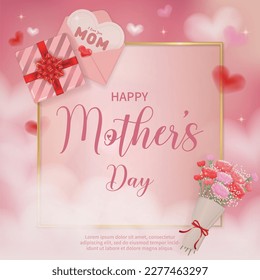 Pink vector Mother's Day card with border with gift, carnation bouquet and hearts