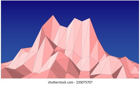 Pink vector mountains against background of blue sky