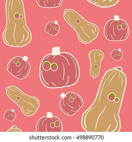 Pink Vector outline pumpkins seamless pattern. Pumpkin patch background. illustration on a Halloween theme