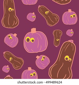 Pink Vector outline pumpkins seamless pattern. Pumpkin patch background. illustration on a Halloween theme