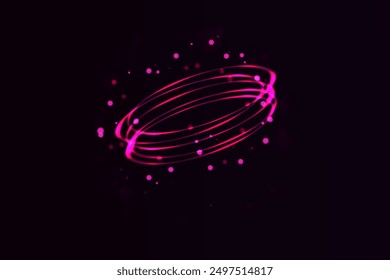 Pink vector oval light effect. Trail of glowing magic ring of fire. Bokeh sparkles in a round elliptical line.