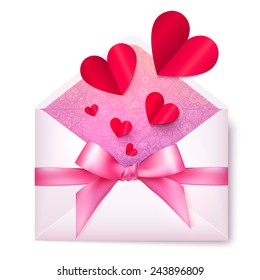 Pink vector paper envelope with red hearts and bow