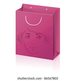 pink vector paper shopping bag with woman face isolated on white background