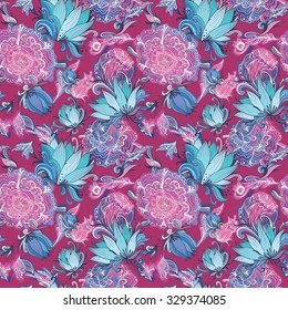 Pink Vector Pattern with Lotus and Peony  | Floreal seamless romantic texture with sketch hand-painted flowers on rose background