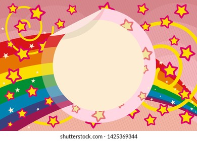 Pink vector photo frame on a pink background with stars, mogc spirals and rainbow. Nice and pretty. Suitable for children and adults.