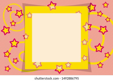 Pink vector photo frame on a pink background with stars and spirals. Nice and pretty. Suitable for children and adults.