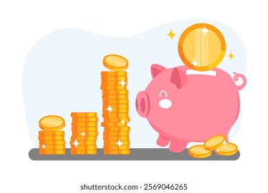 A pink vector of a piggy bank beside a stack of shiny gold coins. This design symbolizes wealth accumulation, saving, and financial growth. 