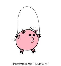 A Pink Vector piggy fat boy jumping rope on a white background