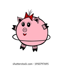 A Pink Vector piggy fat girl hula hooping on a white background