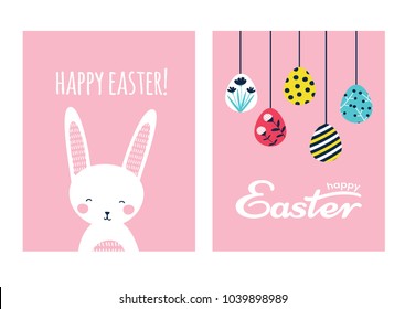 pink vector postcards, vertical posters or backgrounds; with phrase Happy Easter; a cute little animal - funny bunny; hand drawn Easter eggs; in cartoon flat style; vector illustration