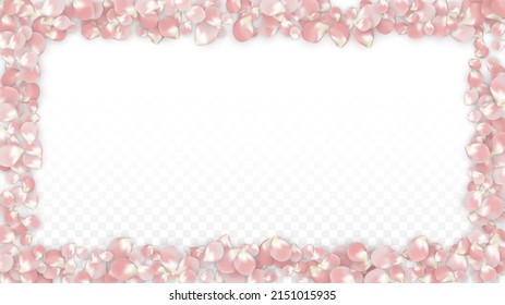 Pink Vector Realistic Petals Falling on Transparent Background.  Spring Romantic Flowers Illustration. Flying Petals. Sakura Spa Design. Blossom Confetti. Design Elements for  Wedding Decoration.