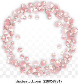 Pink Vector Realistic Petals Falling on Transparent Background.  Spring Romantic Flowers Illustration. Flying Petals. Sakura Spa Design. Blossom Confetti. Design Elements for  Banner Design.