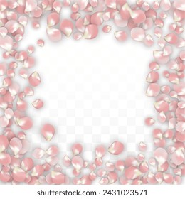 Rosa Vektor realistische Blütenblätter fallen auf transparenten Hintergrund.  In: Spring Romantic Flowers Illustration. Fliegende Blätter. In: Sakura Spa Design. Konfetti der Blüte. Designelemente für Banner Design.