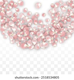 Pink Vector Realistic Petals Falling on Transparent Background.  Spring Romantic Flowers Illustration. Flying Petals. Sakura Spa Design. Blossom Confetti. Design Elements for  Wedding Decoration.