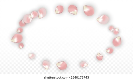 Pétalos realistas del Vector rosado que caen en fondo transparente.  Ilustración de flores románticas de primavera. Pétalos voladores. Diseño de Spa Sakura. Confeti de flor. Elementos de diseño para el Día de la Madre.
