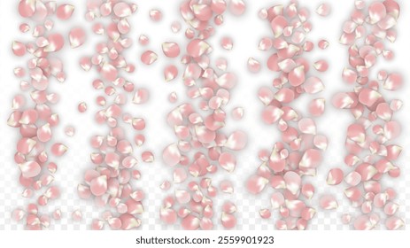 Pink Vector Realistic Petals Falling on Transparent Background.  Spring Romantic Flowers Illustration. Flying Petals. Sakura Spa Design. Blossom Confetti. Design Elements for  Card Design. 