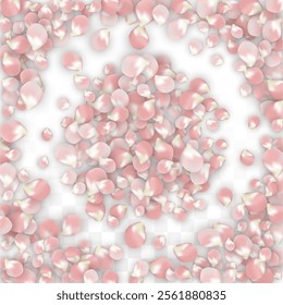 Pink Vector Realistic Petals Falling on Transparent Background.  Spring Romantic Flowers Illustration. Flying Petals. Sakura Spa Design. Blossom Confetti. Design Elements for  8 March Card.