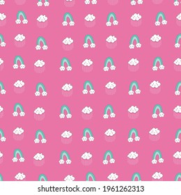 Pink vector repeat pattern design with clouds and rainbows. Designed by Houhou Design from www.houhou-design.com. Contact me for custom projects