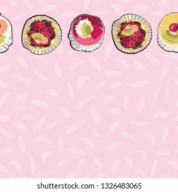 Pink vector repeat pattern with sweet pastry. Surface pattern design.