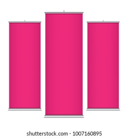 Pink vector roll-up banners, isolated on a white background. Vertical banner templates.