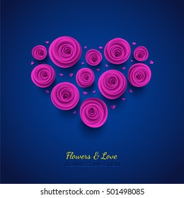 Pink vector roses and hearts composition on blue background. Heart symbol. Romantic background . St. Valentine's Day, 8 march, Woman's day, romantic holiday design. Eps10 vector.
