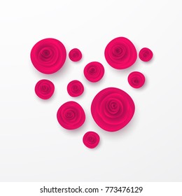 Pink vector roses and hearts composition on white background. Heart symbol. Romantic background . St. Valentine's Day, 8 march, Woman's day