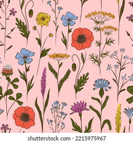 PINK VECTOR SEAMLESS BACKGROUND WITH MULTICOLORED WILDFLOWERS