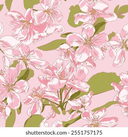 Vetor rosa fundo sem emenda de flor de sakura. Textura exótica da flor de cerejeira japonesa. Flores de primavera, padrão de folha para fundo de casamento, têxtil, tecido