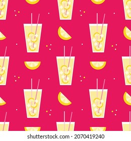 Pink vector seamless pattern background with glasses of lemonade and lemon slices.
