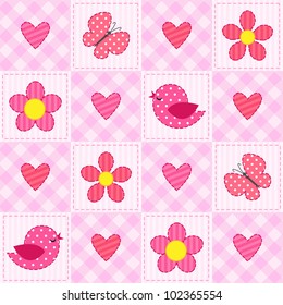 Pink vector seamless pattern with birds, flowers and hearts