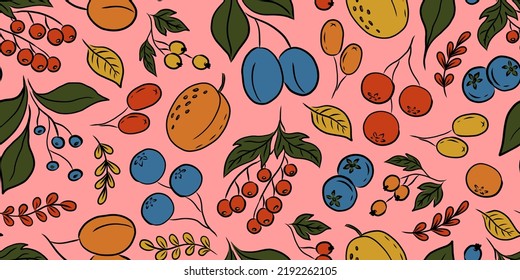 PATRÓN SIN MAR DE VECTOR DE ROPA CON FRUTOS Y BARRIOS COLORIDOS