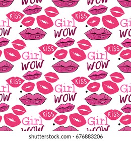 Pink Vector Seamless pattern. Girl WOW kiss. Modern illustration of a comic style. 
