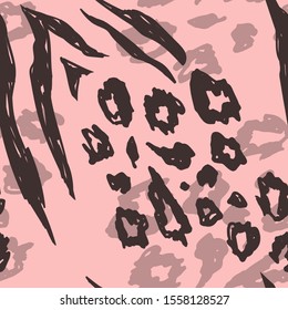 Pink vector seamless pattern with leopard spots and tiger stripes. Hand drawn tropical background.