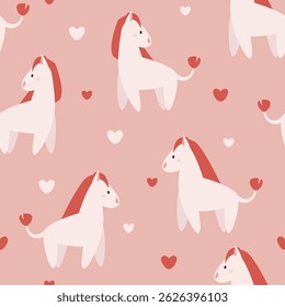Pink vector seamless pattern of many little horses, tiny hearts signs. Cute baby cloth print. Pastel colors childish background. Flat animal icons. Kids room trending wallpaper design. Funny pony set