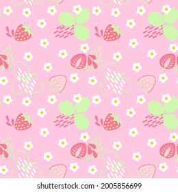 Pink vector seamless pattern with strawberries and flowers.