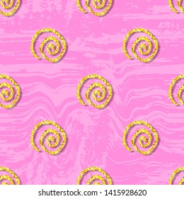 Pink vector seamless pattern with wavy brush strokes ornament and gold glittering spirals. Hand drawn texture.