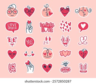 Pink Vector Set of funny Cartoon Valentine Stickers. Love Theme Illustrations for Decorations, Social, Greeting Cards.