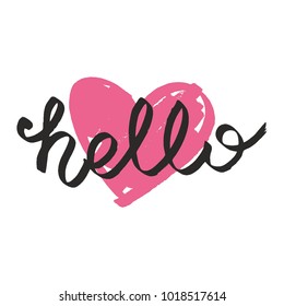 Pink vector sign with heart and hello text isolated on white background